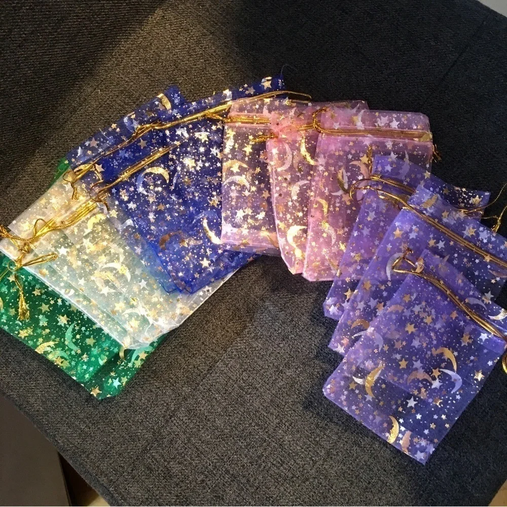12 Count - Moon + Star Small Jewelry Organza Drawstring Bags, ~4 x 5 inches